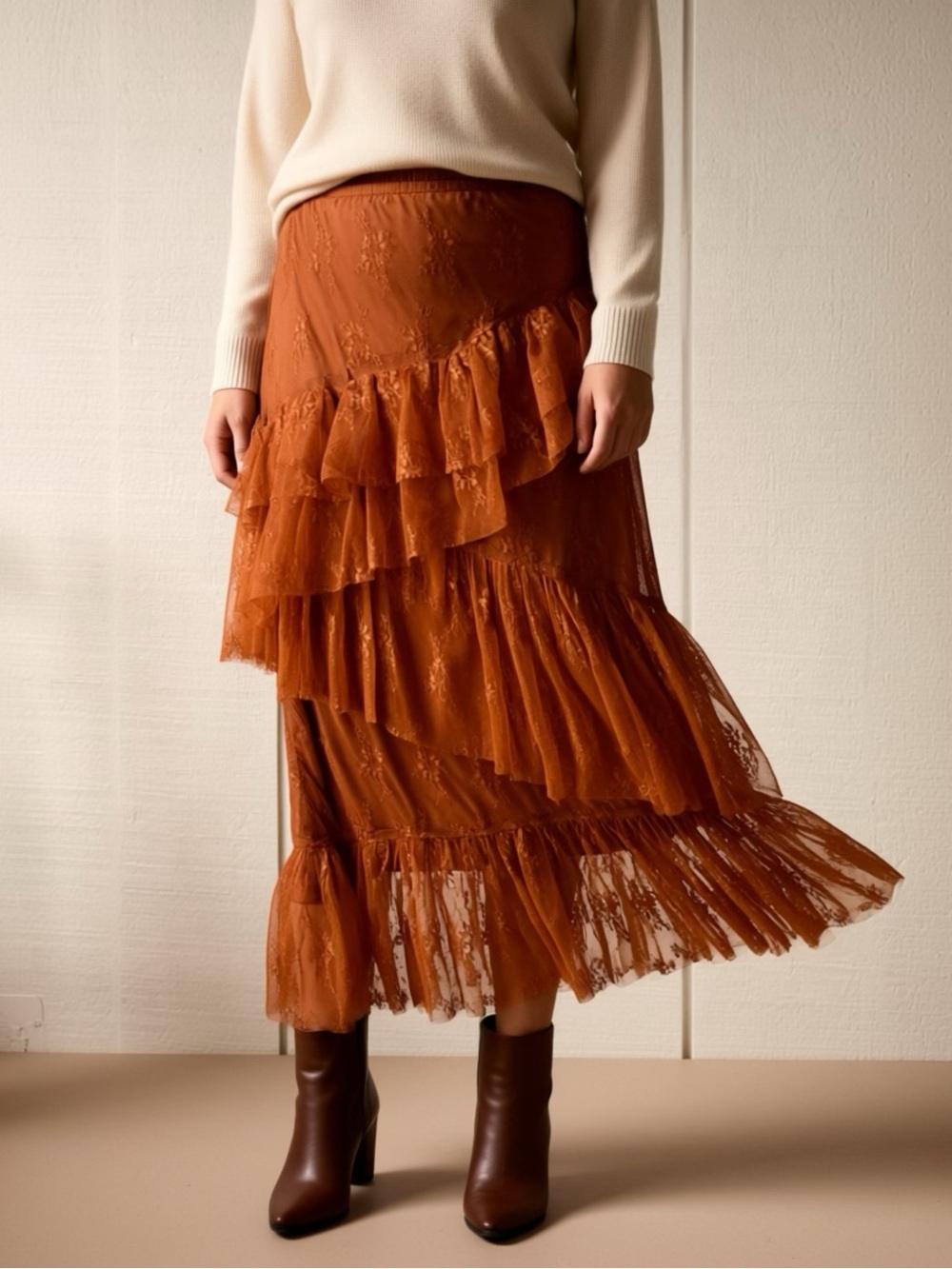 Hem & Thread Rust Lace Tiered Midi Skirt Boho Romantic Lined Size L